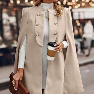 Apricot Casual Womens Cloak Sleeve Double Breasted Cape Overcoat